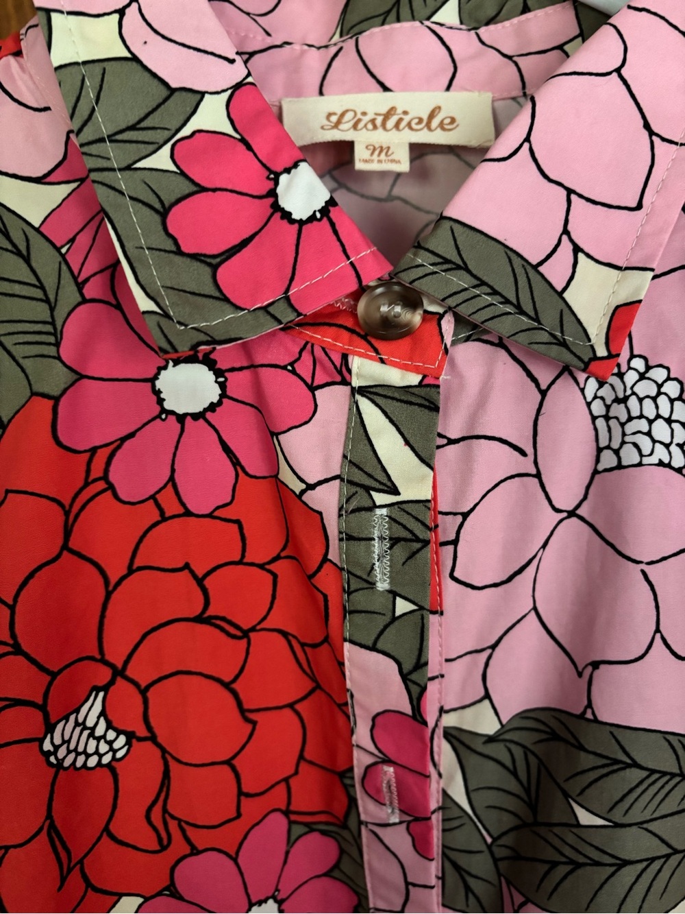 Listicle Pink, Red and Olive Green Floral Button Down Bubble Hem Dress
